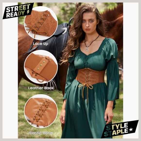 Leather Lace-Up Corset Belt Renaissance Waspie Waist Medium Size - Picture 2 of 7